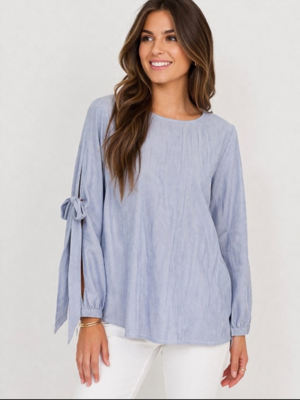 Pleione Blue White Pinstripe Slit Sleeve Bow Blouse Tunic Top NWT Sz XL